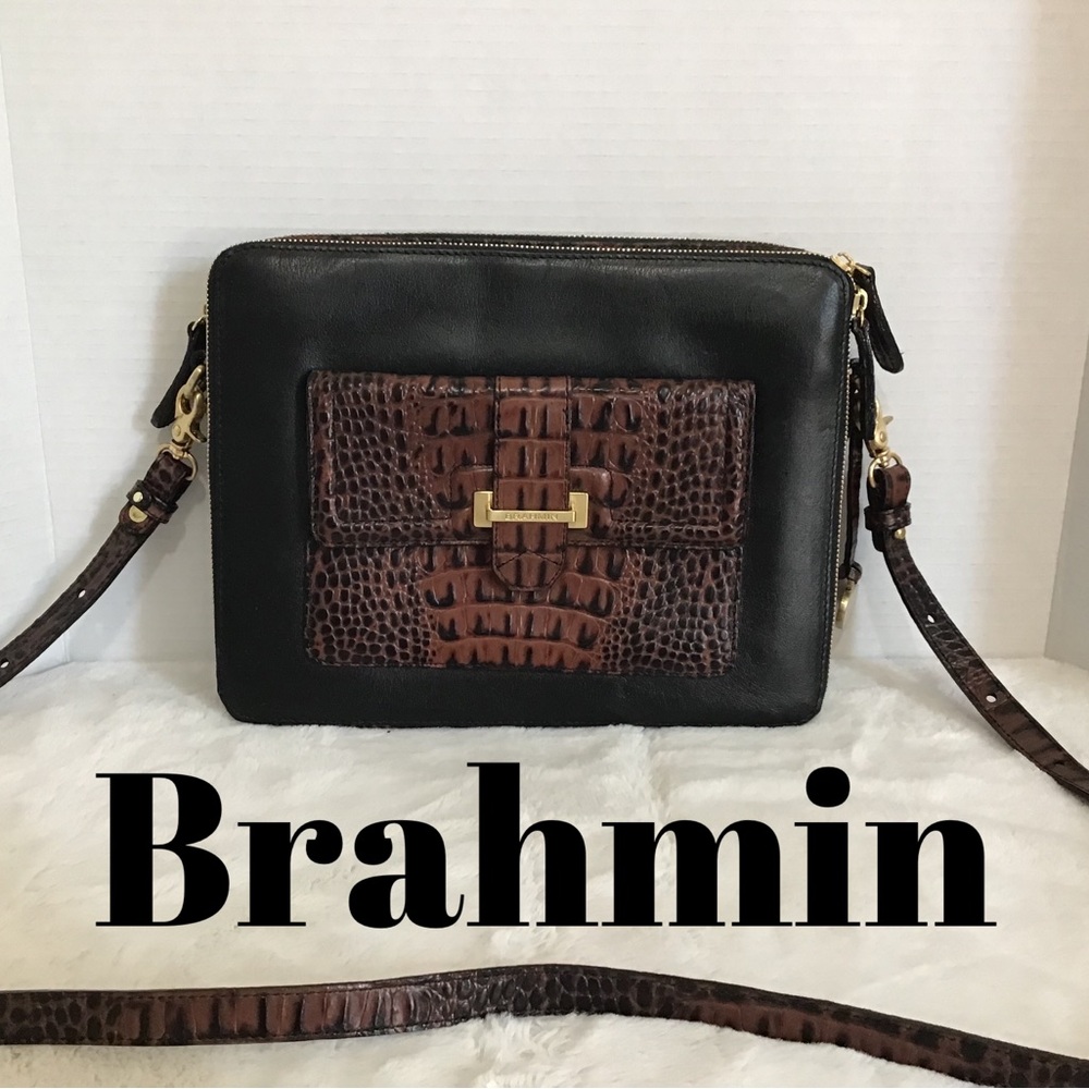 Brahmin “Theo” Leather Melbourne Croc Embossed Crossbody, IPad Bag, Black Brown